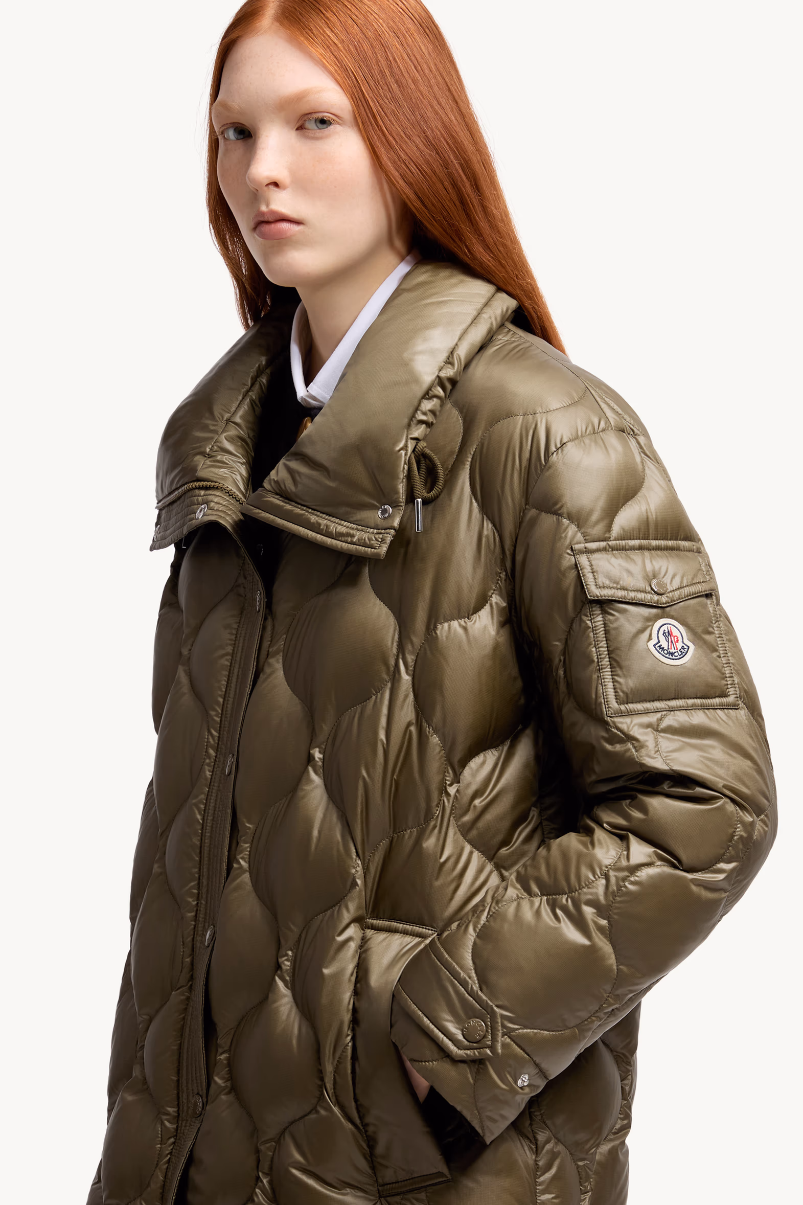 Lombi Hooded Mid-Length Down Jacket Women Olive Green Moncler 6